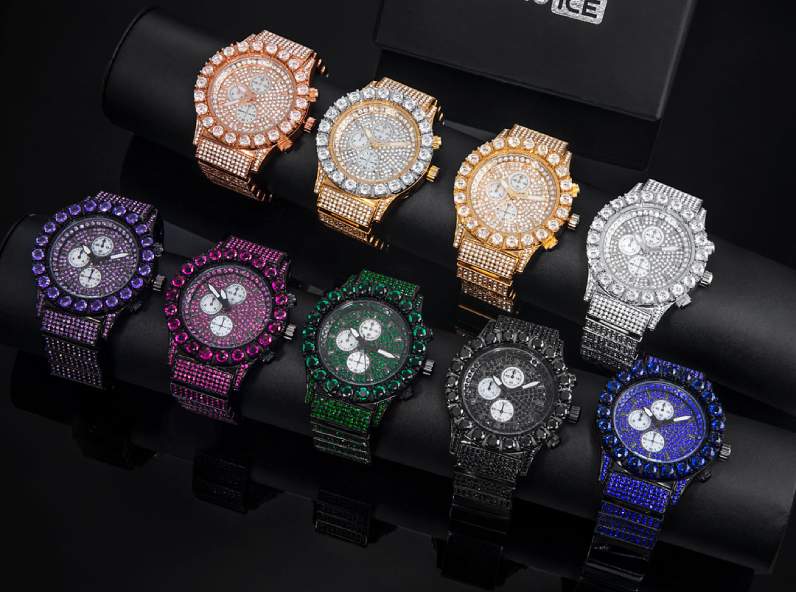 Men's Iced Arabic Numerals Watch with Black Strap
