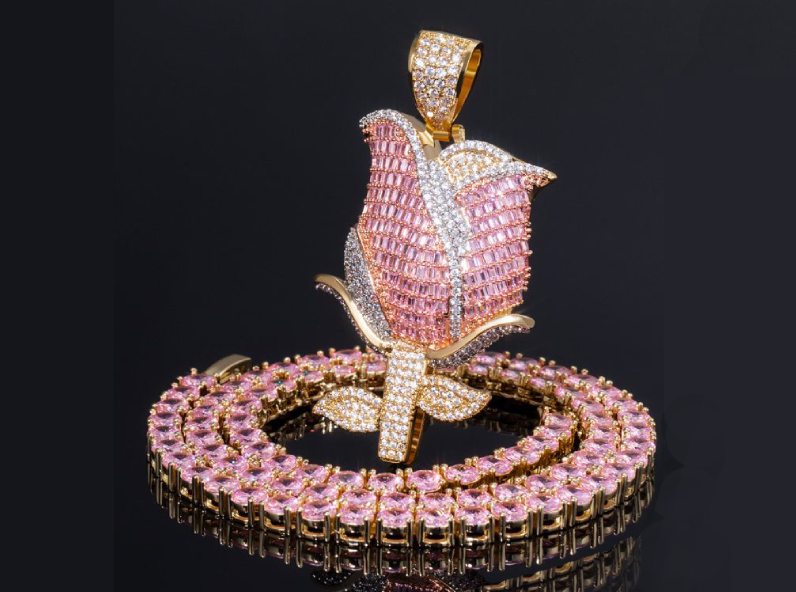 Women's 8mm Iced Pink&White Two-tone Cuban Link Chain