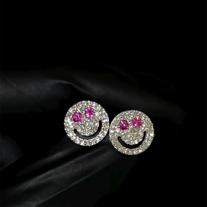 Iced Ruby Smile Face Stud Earrings