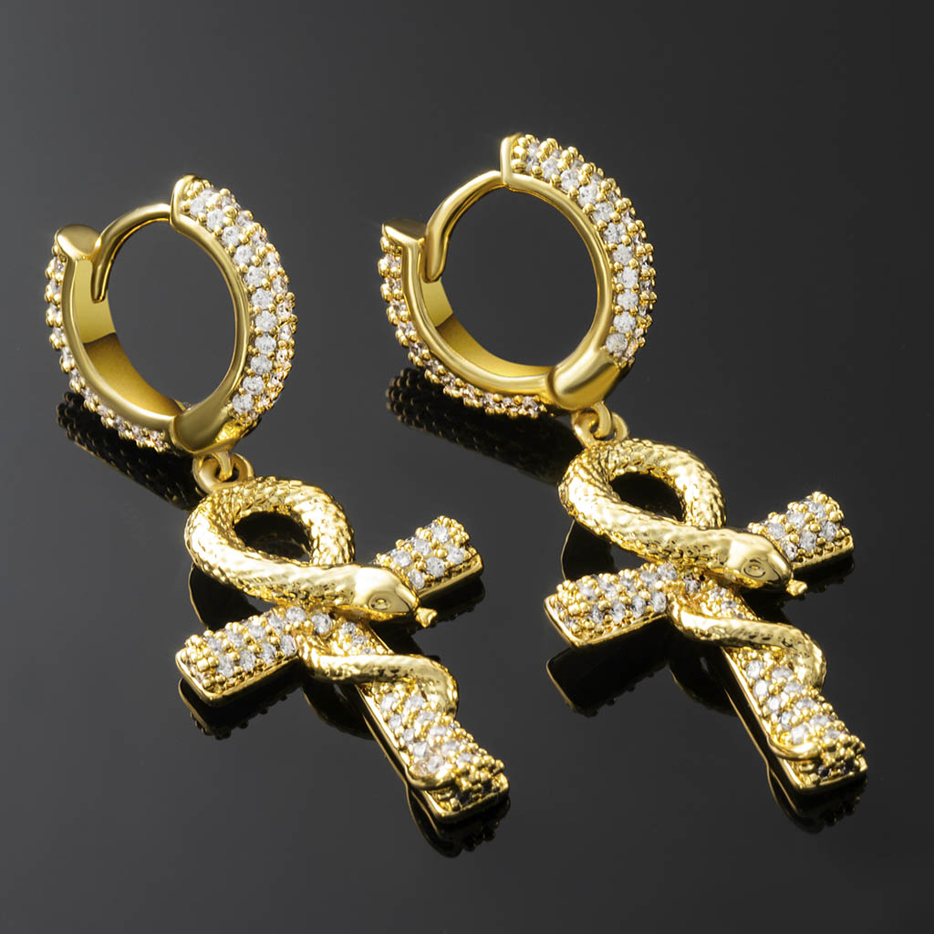  Iced Ankh Ouroboros Cross Dangle Earrings in Gold