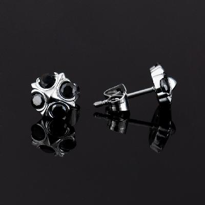 Black Stone and Cross Stud Earrings in White Gold