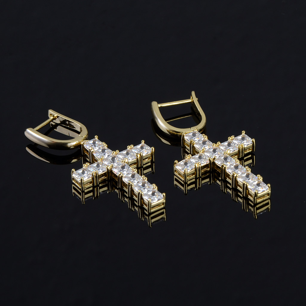 Iced Cross Earring in Gold