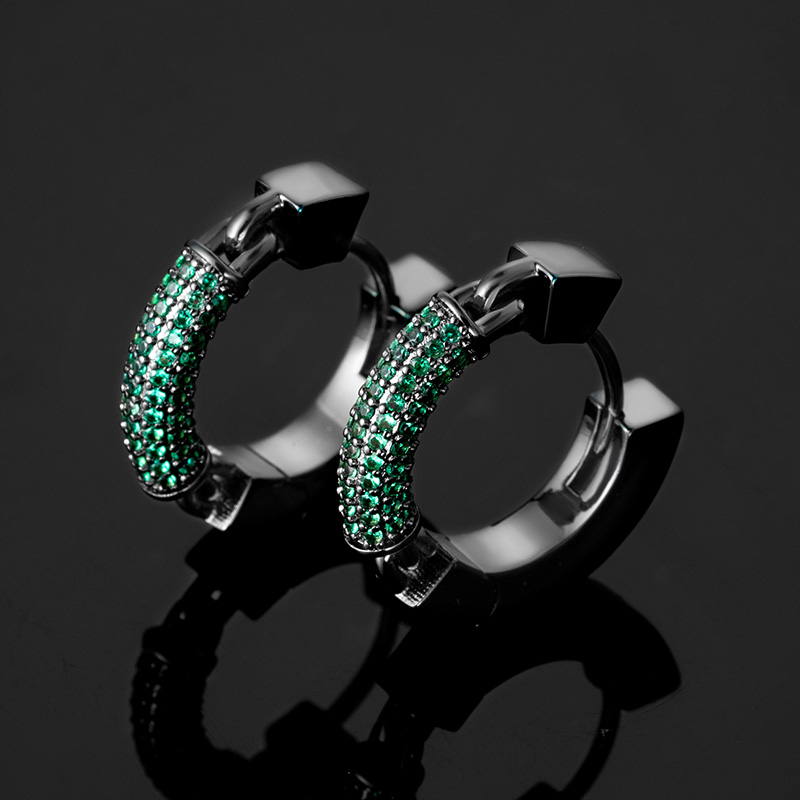  Iced Emerald Stones Hoop Earrings in Black Gold
