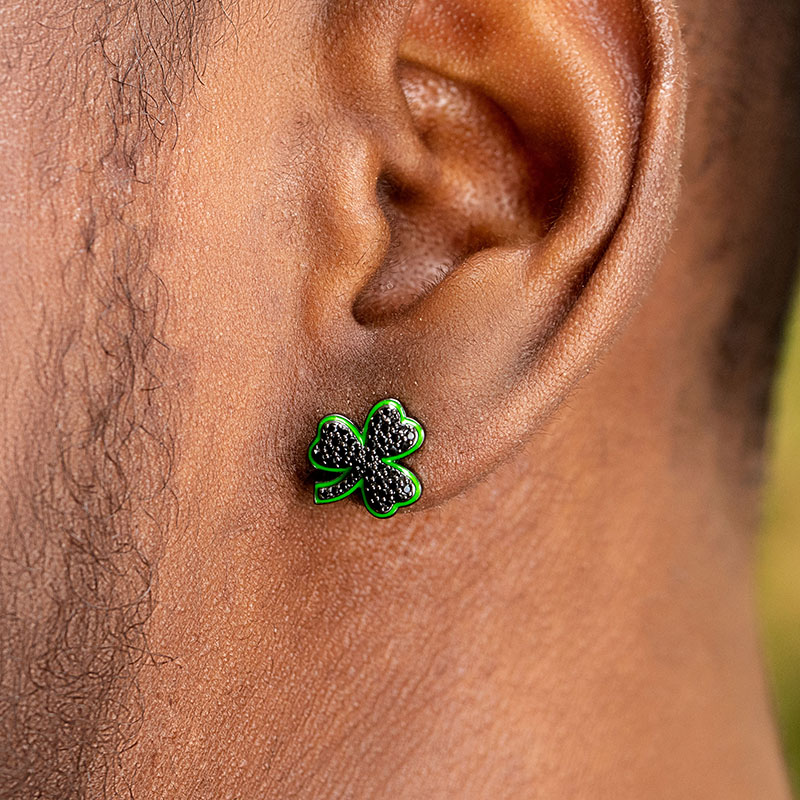 Iced Black Stones Enamel Three-leaf Earrings