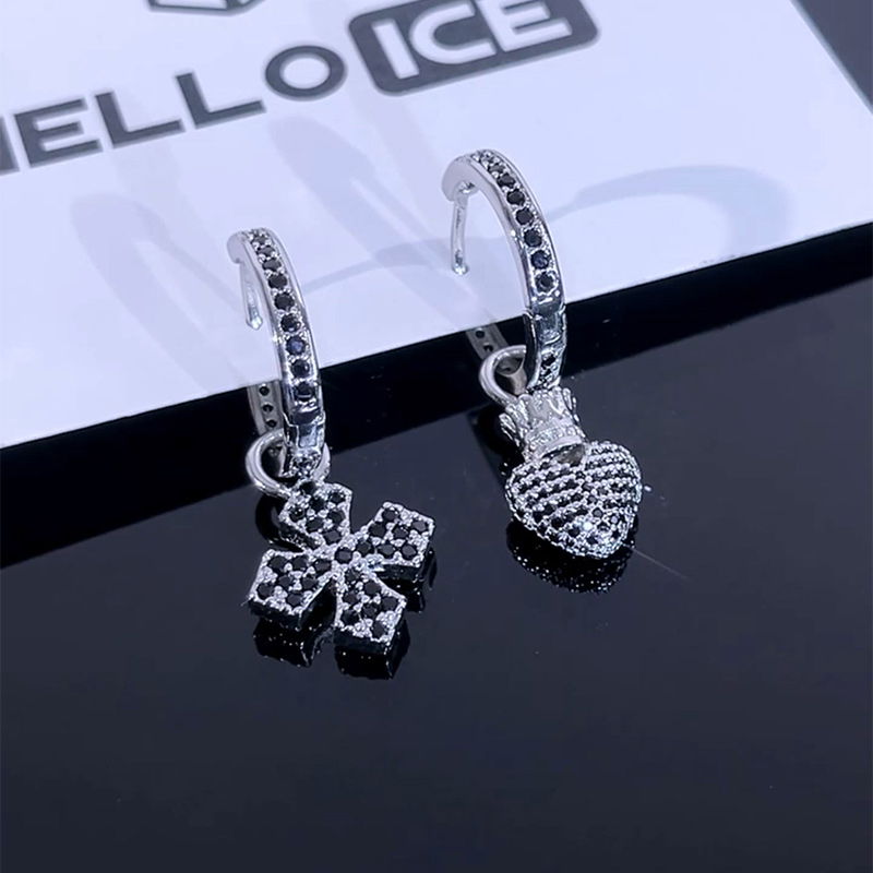 Asymmetric Iced Black Cross Crown Heart Earrings