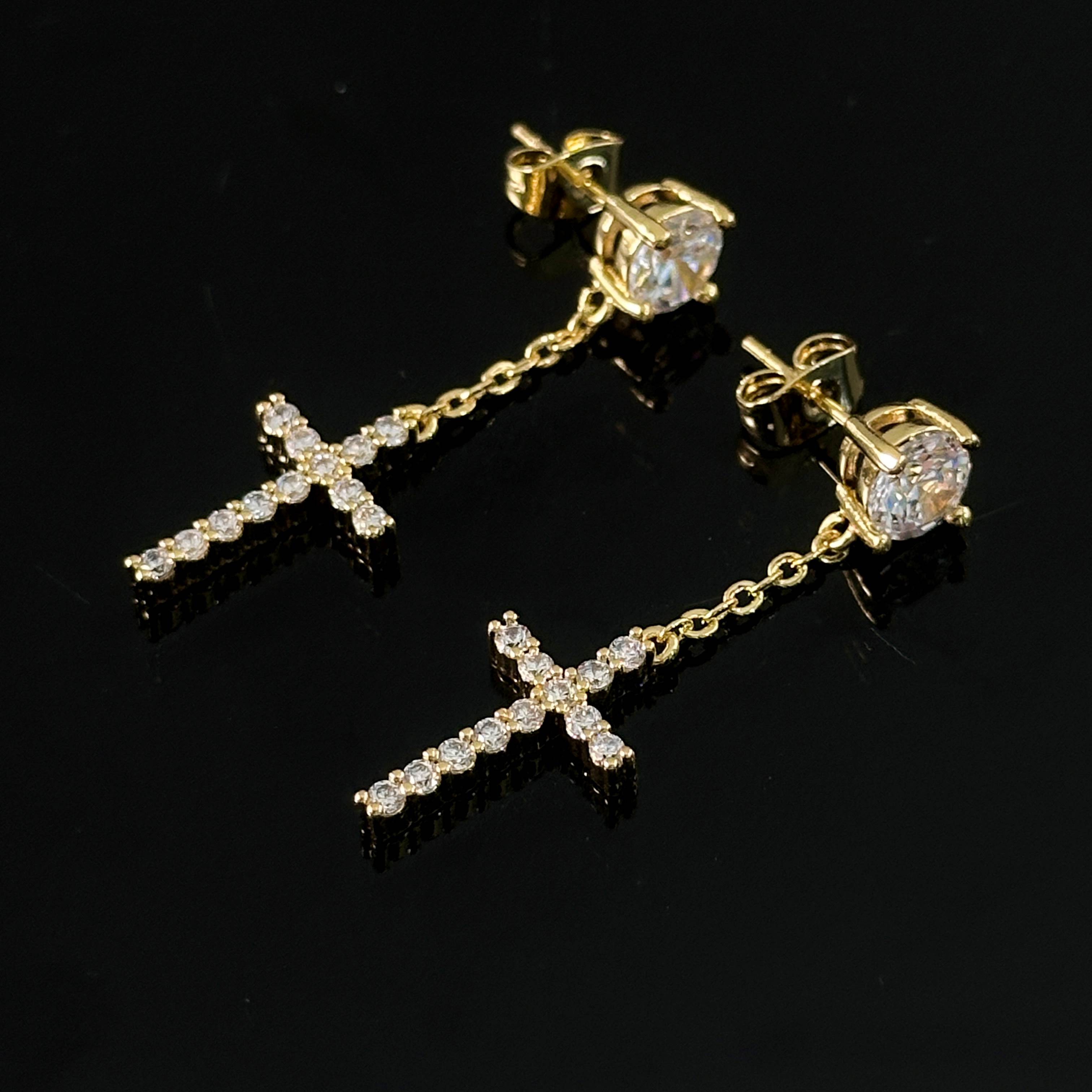  Iced Cross Dangle Stud Earrings