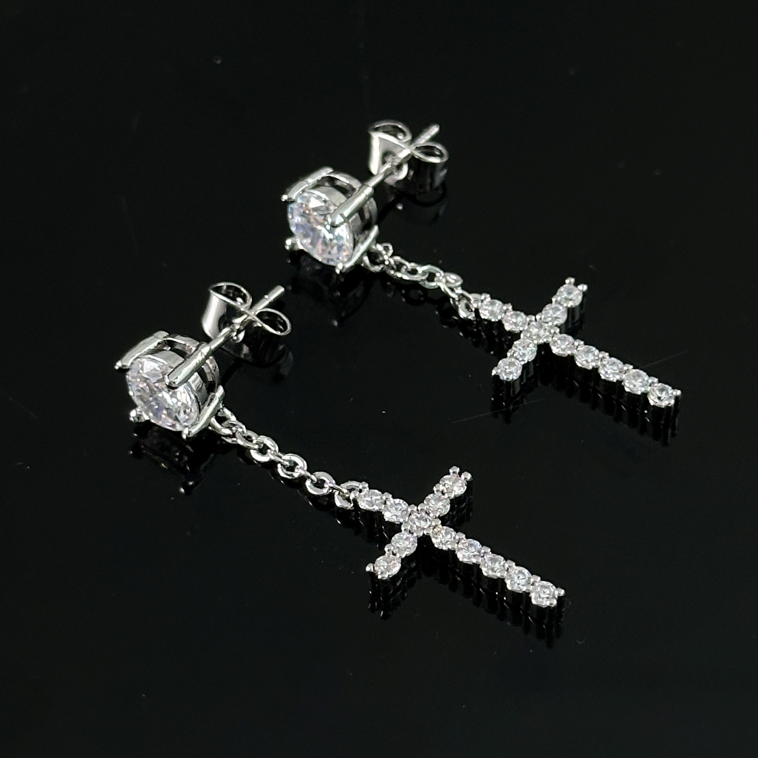  Iced Cross Dangle Stud Earrings