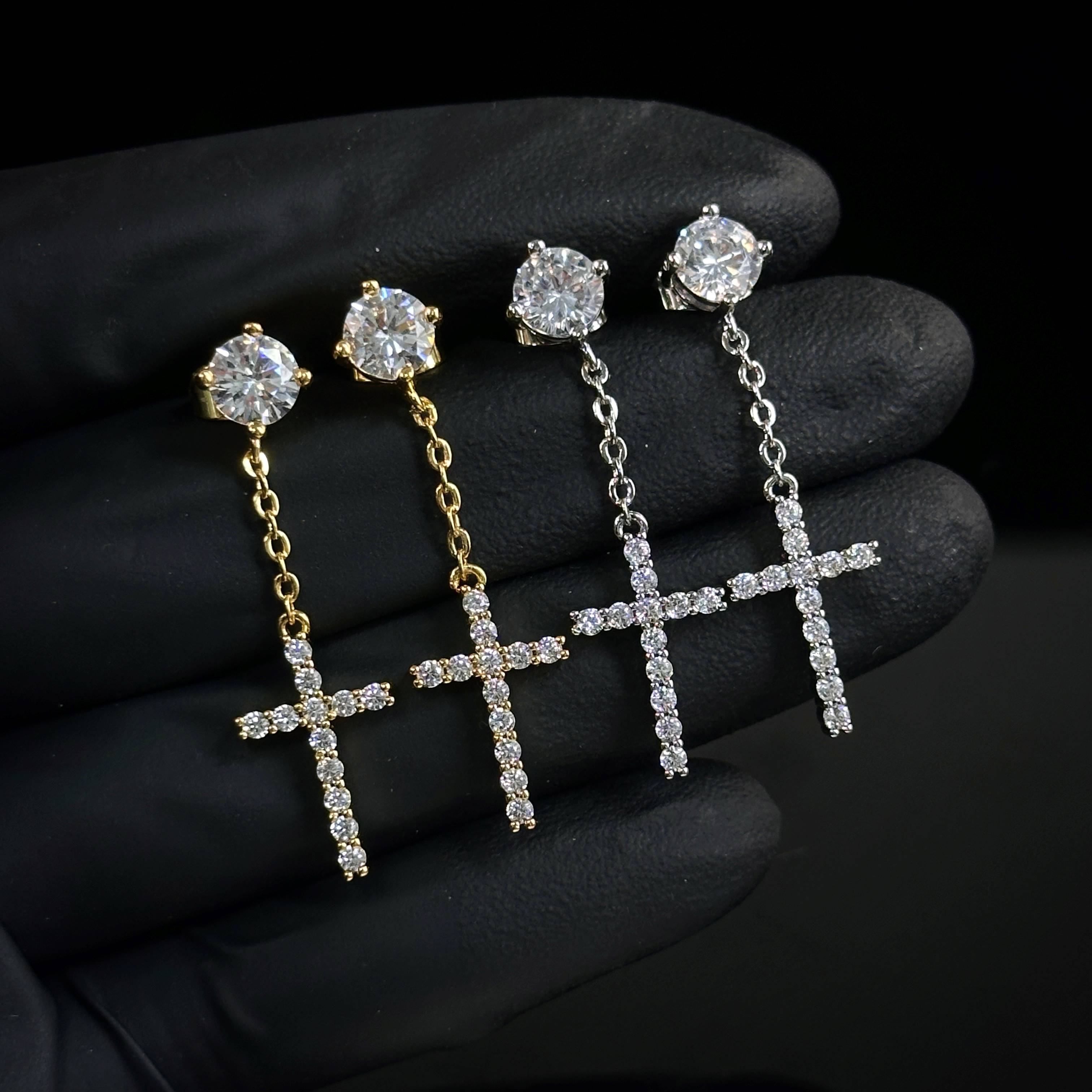  Iced Cross Dangle Stud Earrings
