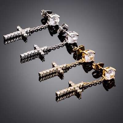  Iced Cross Dangle Stud Earrings
