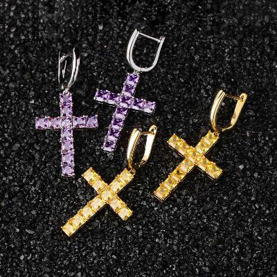  Fancy Yellow Diamonds Cross Earring in Gold