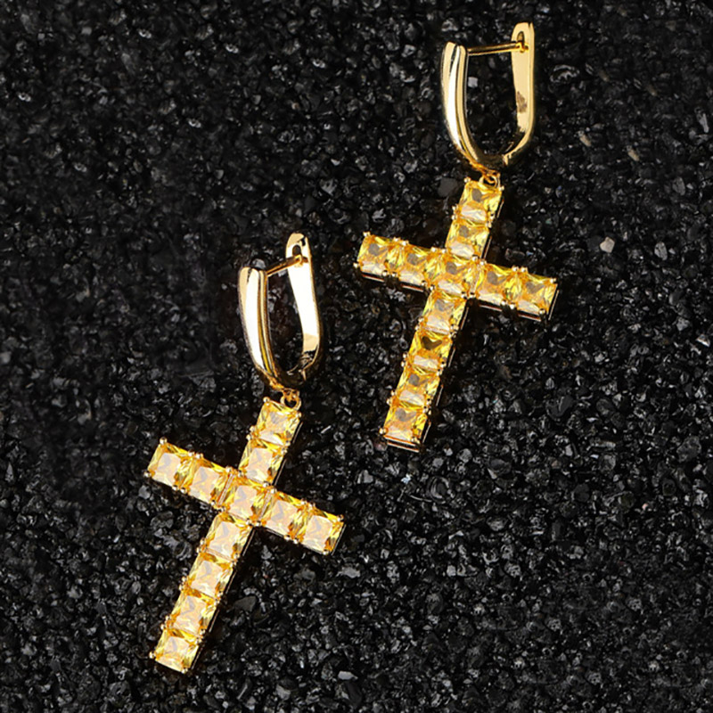  Fancy Yellow Diamonds Cross Earring in Gold