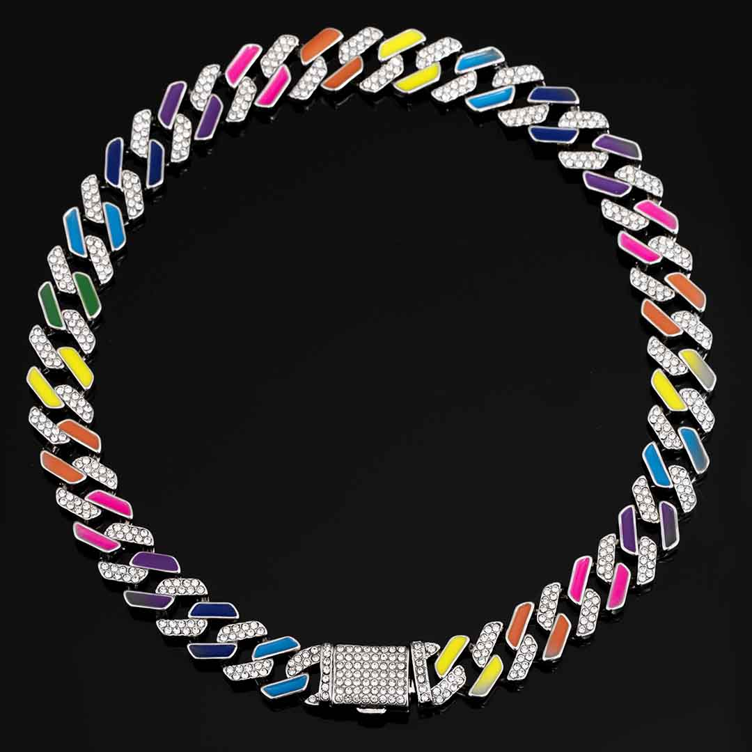 11mm Multi-Color Half-Iced Cuban Chain in White Gold