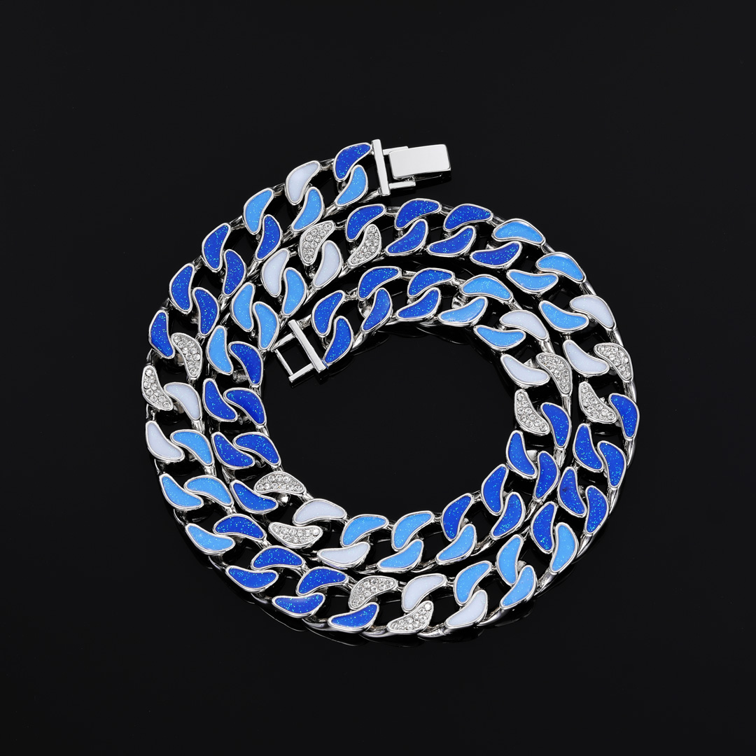 Iced 12mm Gradient Blue Enamel Cuban Chain in White Gold