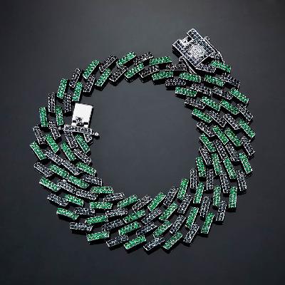 Iced 14mm Emerald & Black Prong Cuban Chain in Black Gold