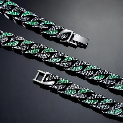 Iced 13mm Emerald & Black Cuban Chain in Black Gold