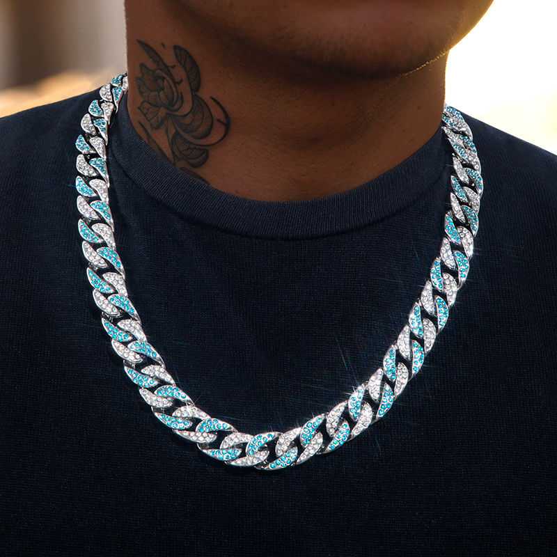 Iced 13mm White & Blue Cuban Chain in White Gold