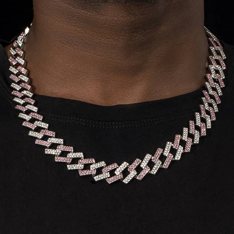 Iced 14mm White & Pink Prong Cuban Chain in White Gold