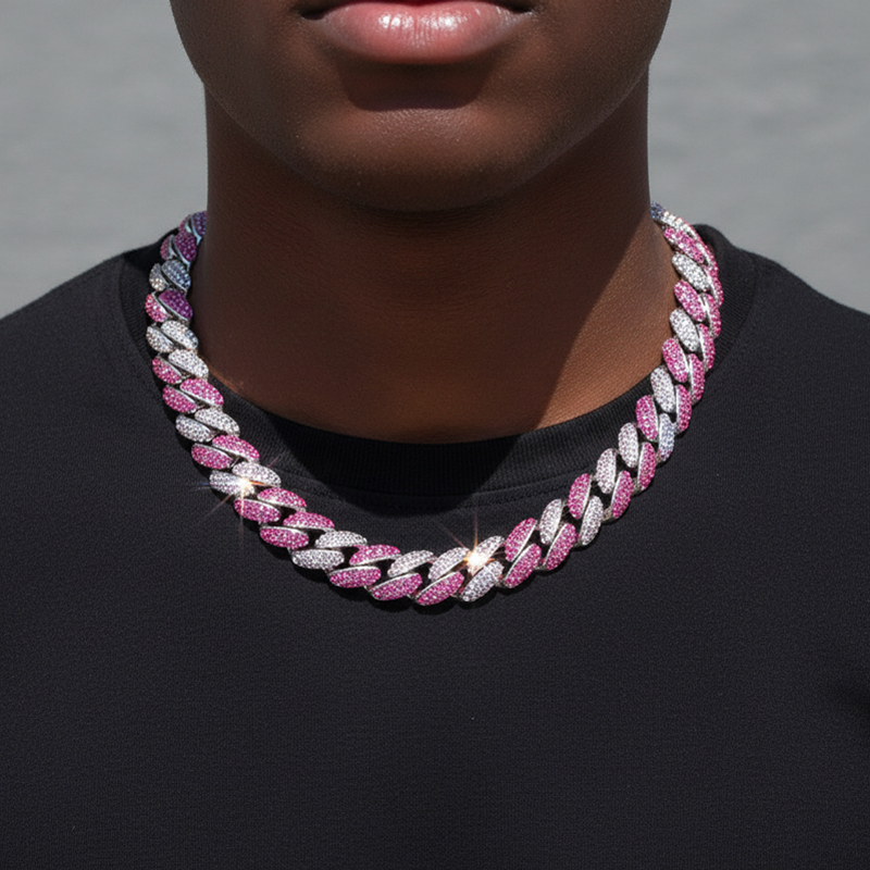 12mm Pink/Blue Micro Paved Cuban Chain