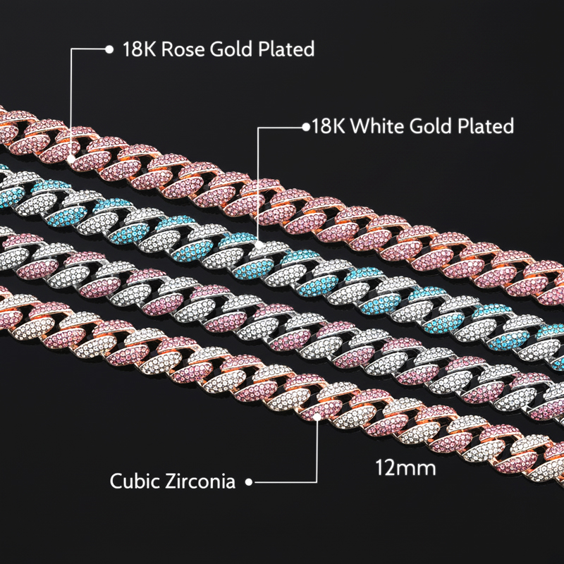 12mm Pink/Blue Micro Paved Cuban Chain