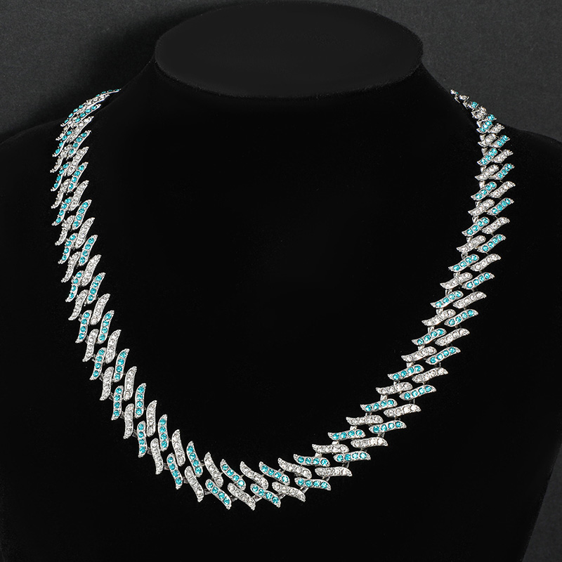 14mm Blue&White Iced Spiked Cuban Chain in White Gold