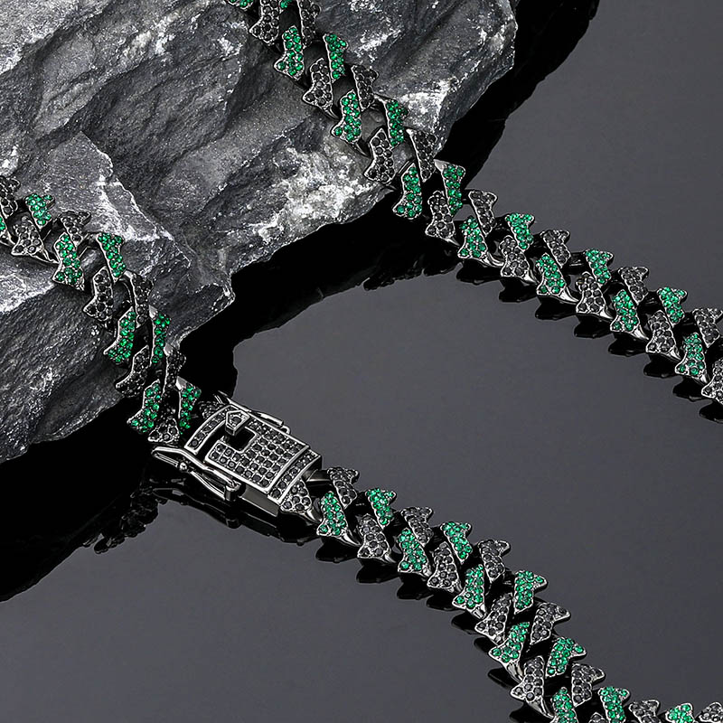 14mm Emerald & Black Iced Cuban Spiked Chain in Black Gold