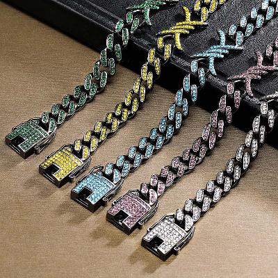 10mm Iced Cuban Barb Wire Chain-Emerald/Black/Blue/Yellow/Purple/White