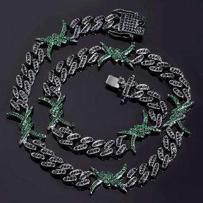 10mm Emerald & Black Iced Cuban Barb Wire Chain in Black Gold
