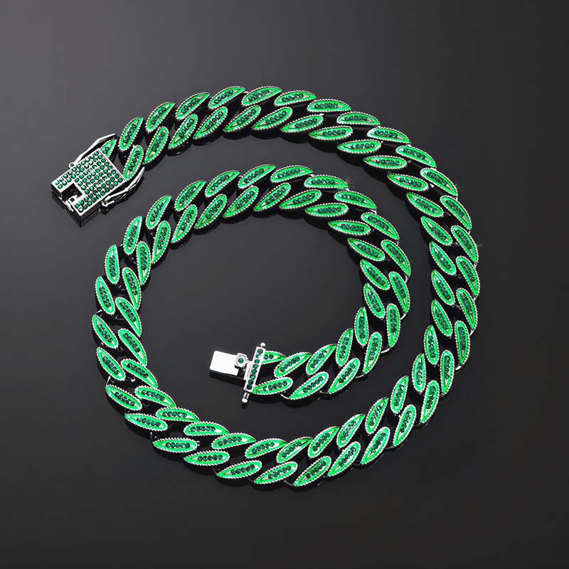 14mm Iced Glow in the Dark Green Enamel Miami Cuban Chain in Black Gold