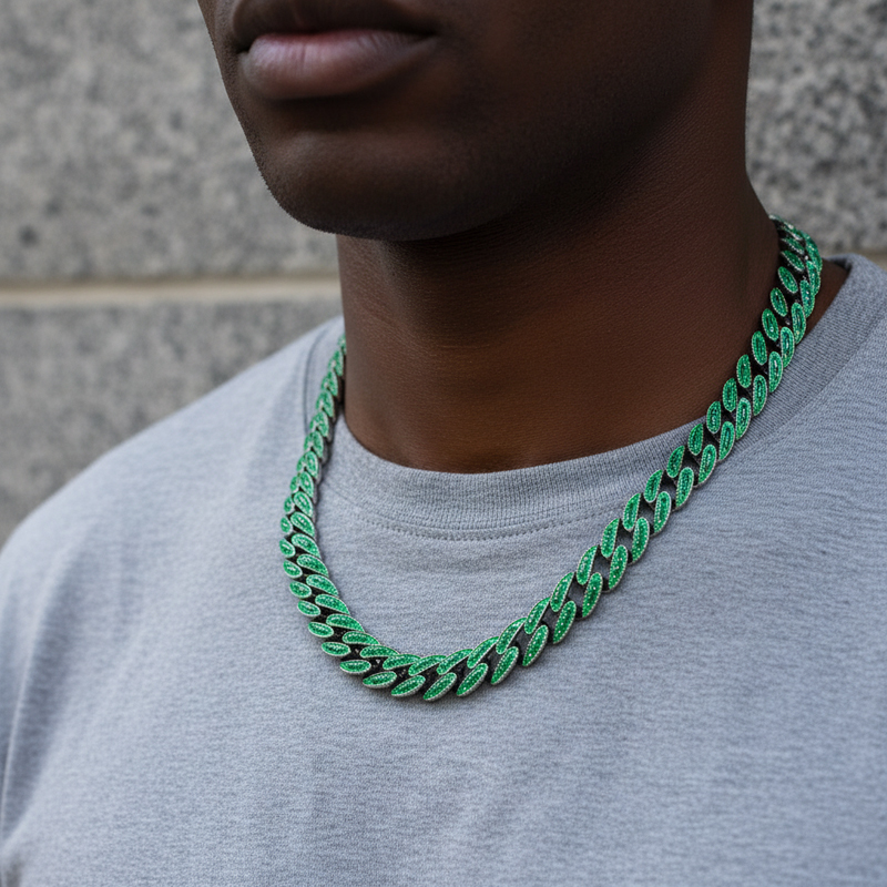 14mm Iced Glow in the Dark Green Enamel Miami Cuban Chain in Black Gold