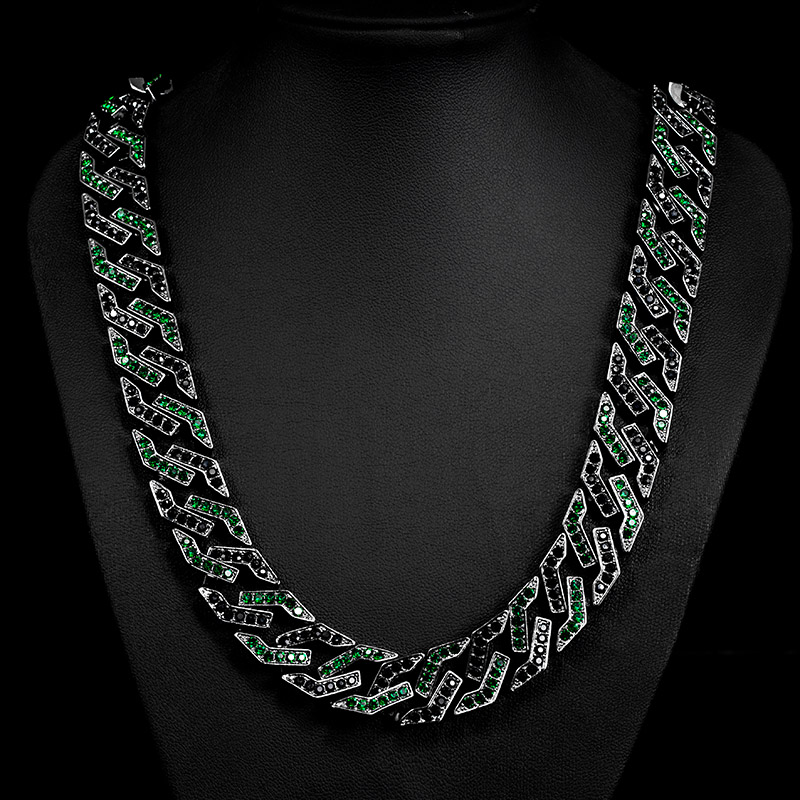 14mm Iced Emerald&Black Cuban Link Chain in Black Gold