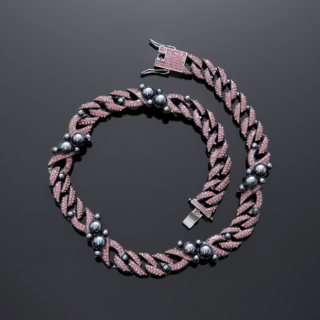 13mm Iced Peacock Pearl Cuban Chain in Black Gold-Emerald/Black/White/Pink