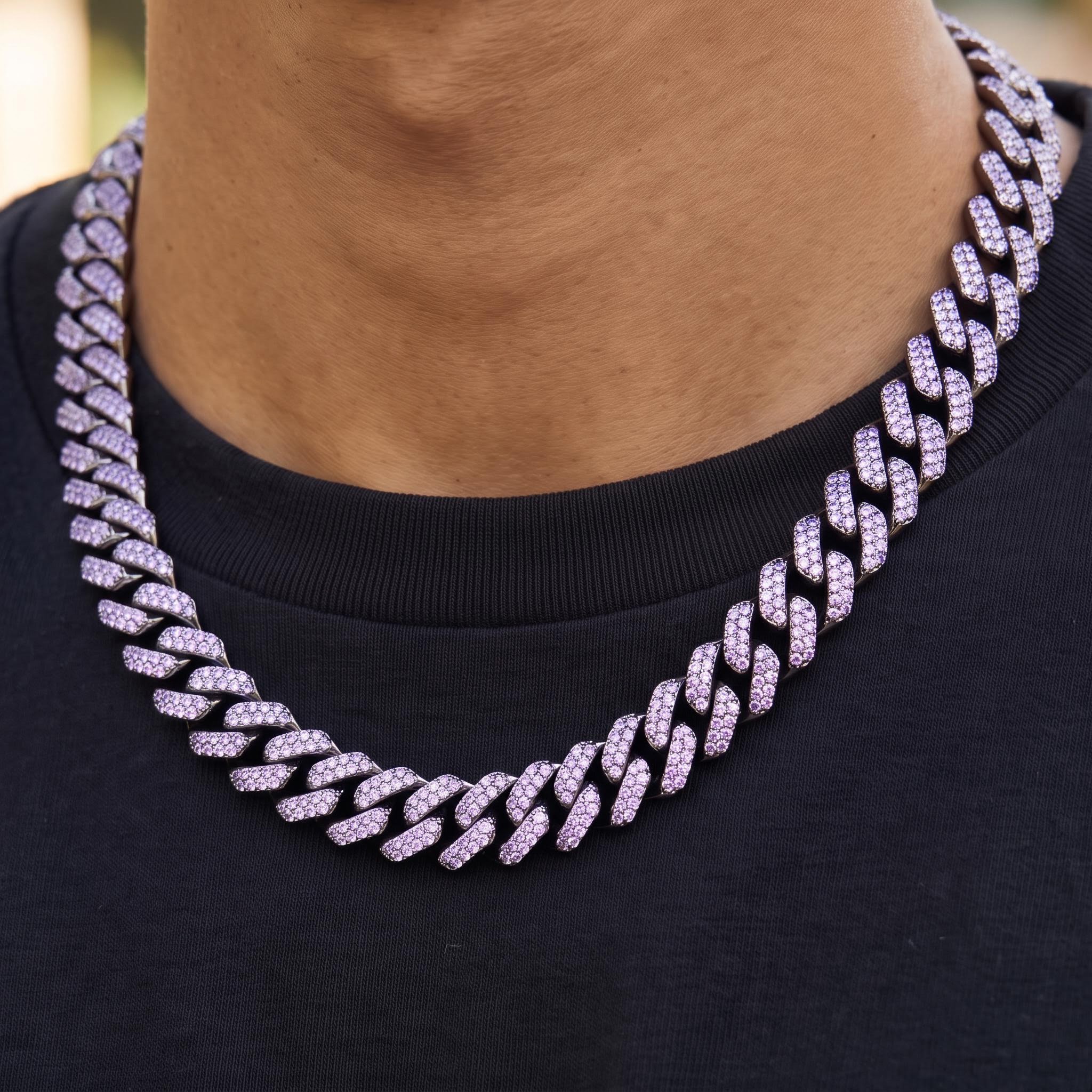 Iced Handset 15mm Purple Cuban Link Chain in Black Gold Iced Handset 15mm Purple Cuban Link Chain in Black Gold