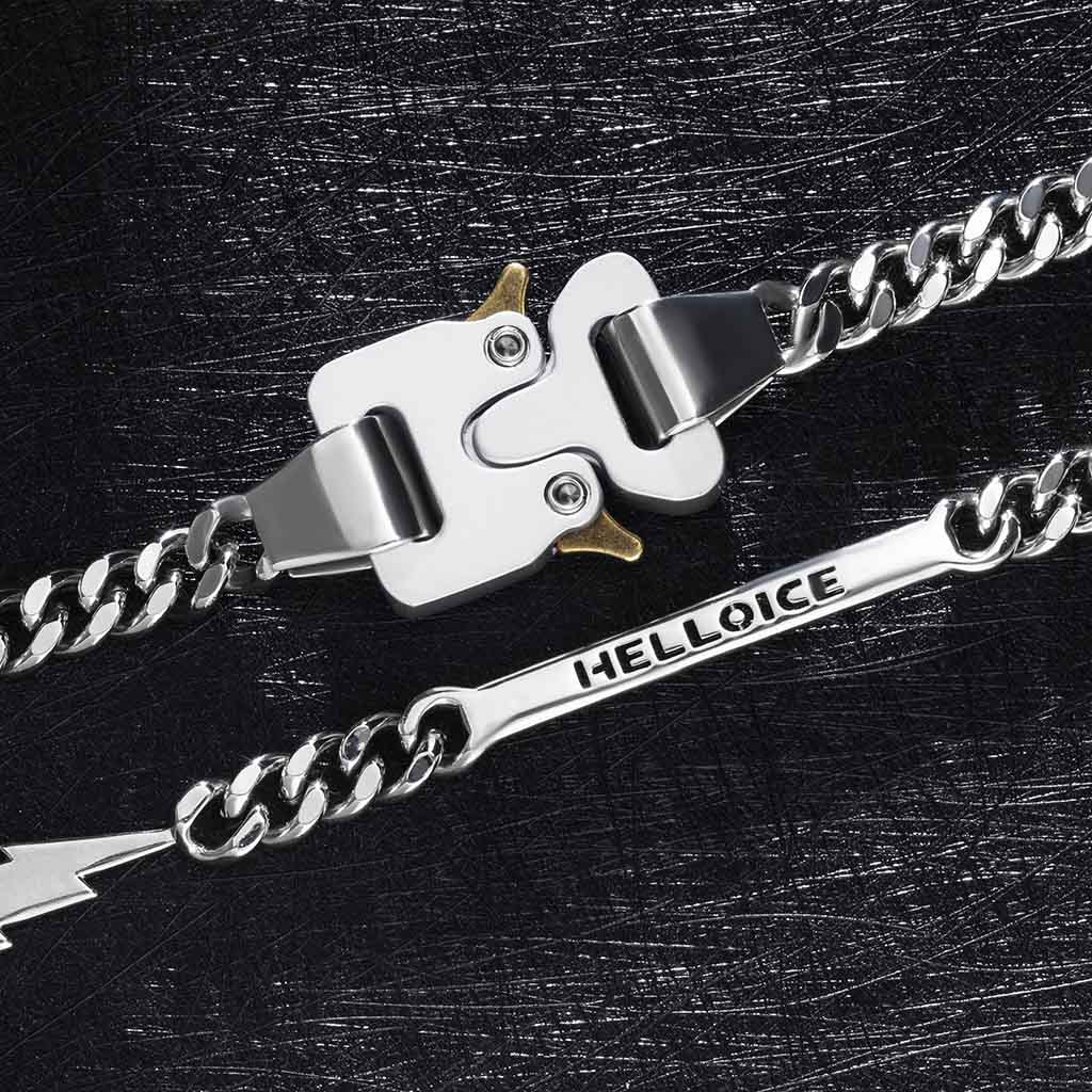 Custom Letters Bar Belt Buckle Cuban Chain with Lightning Bolt, Peace, Skull Sign