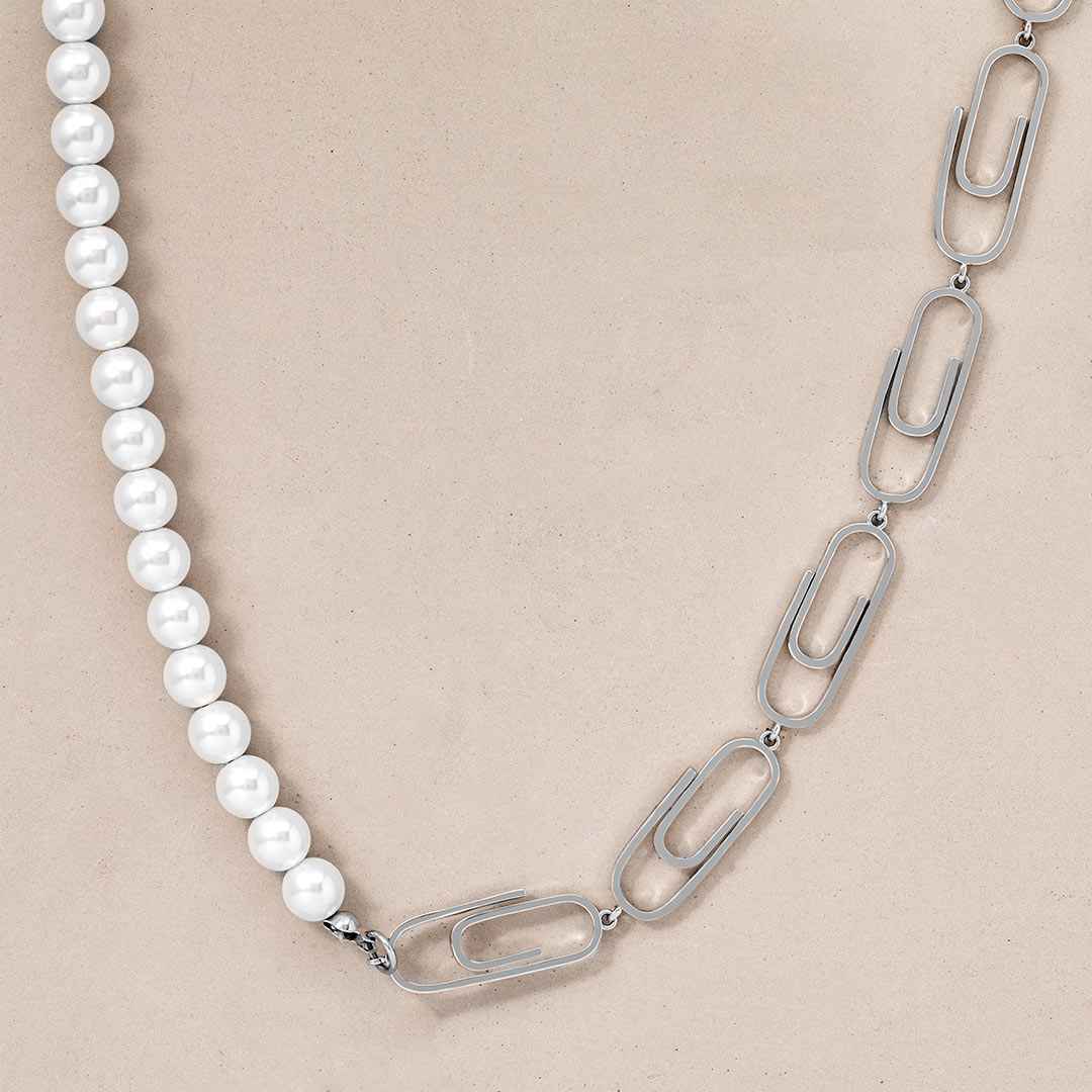 Stainless Steel Paperclip Pearl Necklace