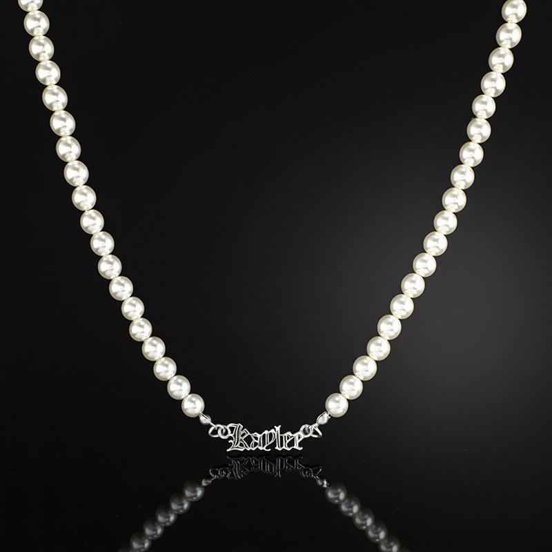 Custom Old English Name Necklace with 8mm Pearl Chain