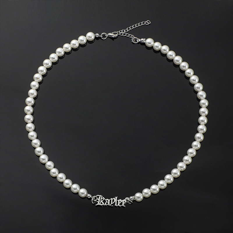 Custom Old English Name Necklace with 8mm Pearl Chain