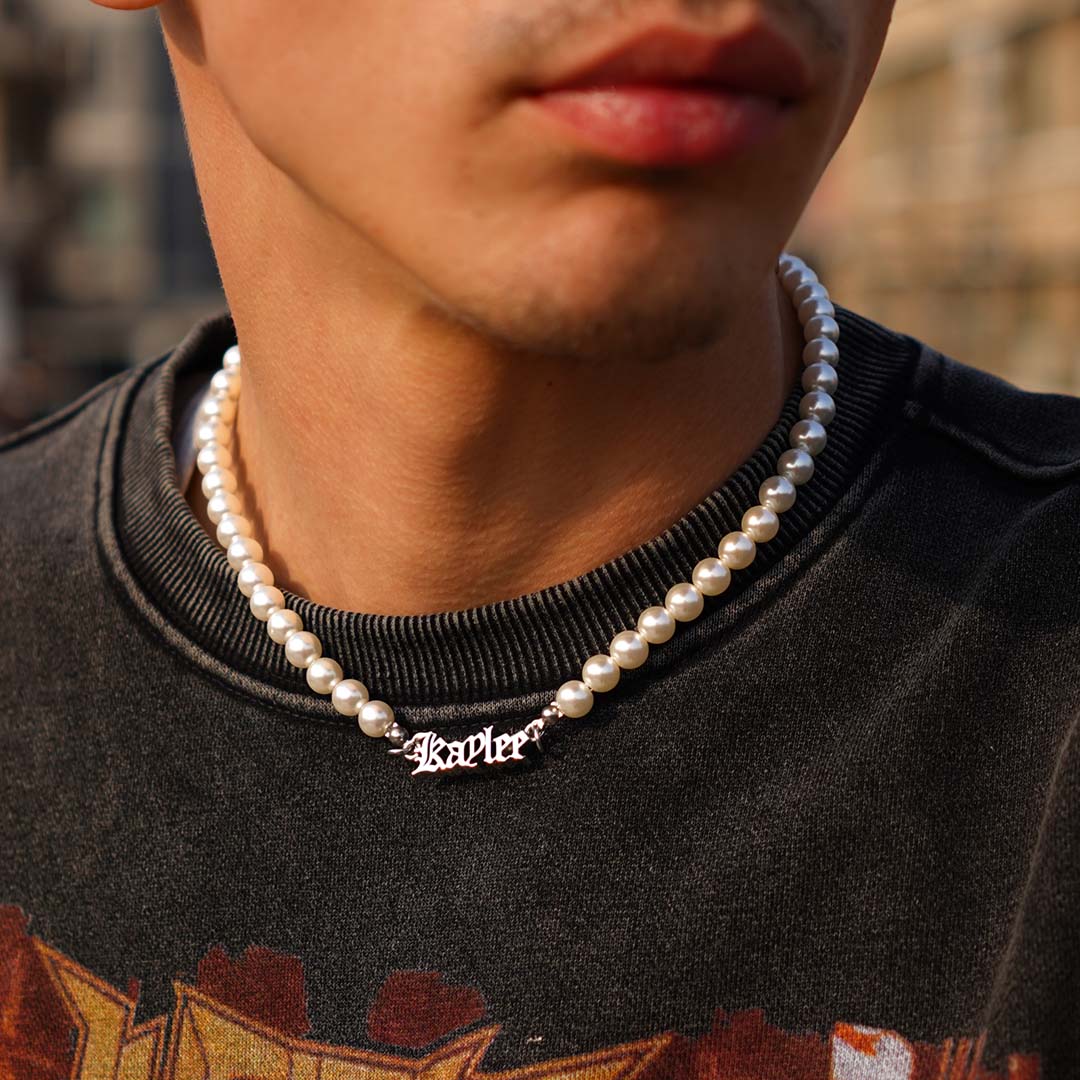 Custom Old English Name Necklace with 8mm Pearl Chain