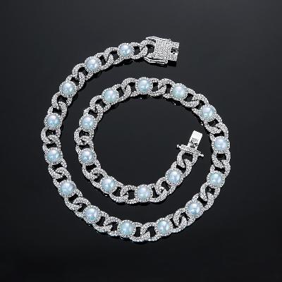 12mm Iced Graduated Pearl Cuban Chain in White Gold