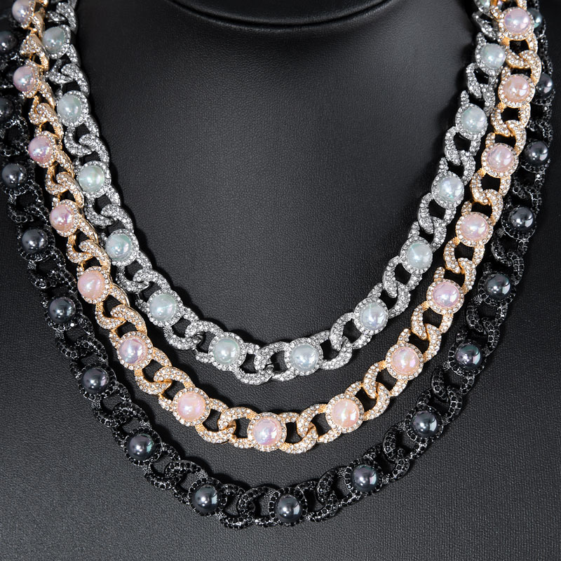 12mm Iced Peacock Pearl Cuban Chain in Black Gold
