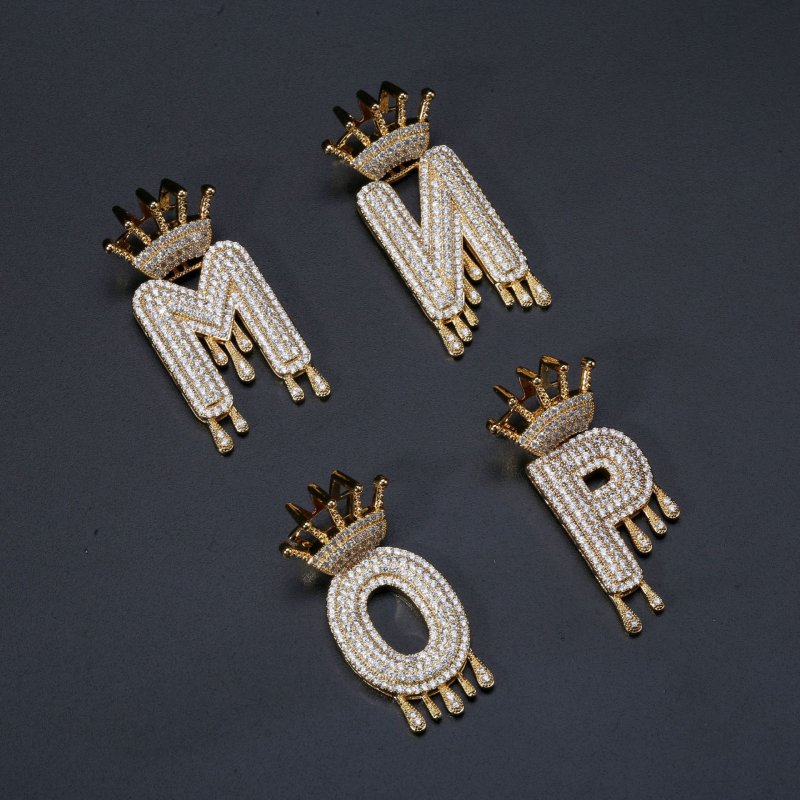 Iced Crown Drip Letters Pendant in Gold