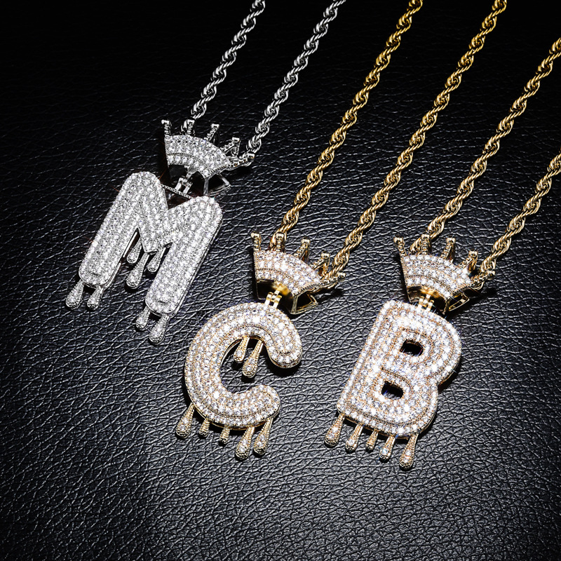 Iced Crown Drip Letters Pendant in Gold
