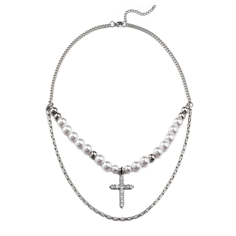 Pearl and Stainless Steel Layered Necklace with Cross Charms