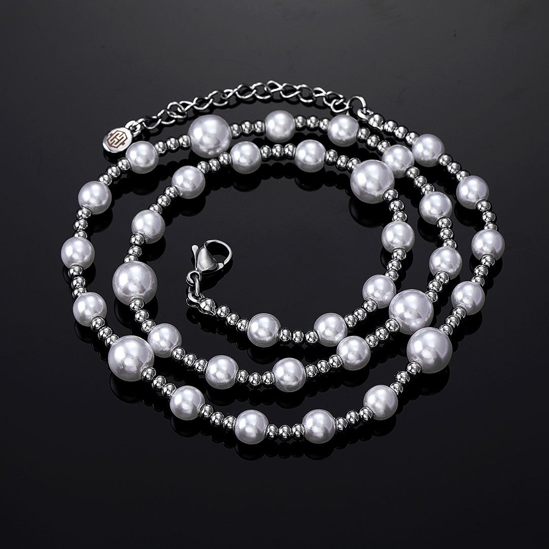 Stainless Steel Bead and Pearl Necklace