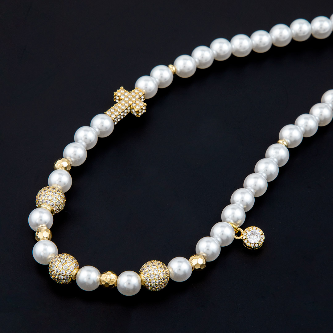 Iced Cross and Beads Pearl Necklace