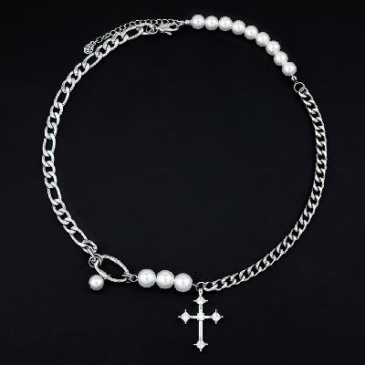 Iced Cross Pearl and Steel Chain Necklace