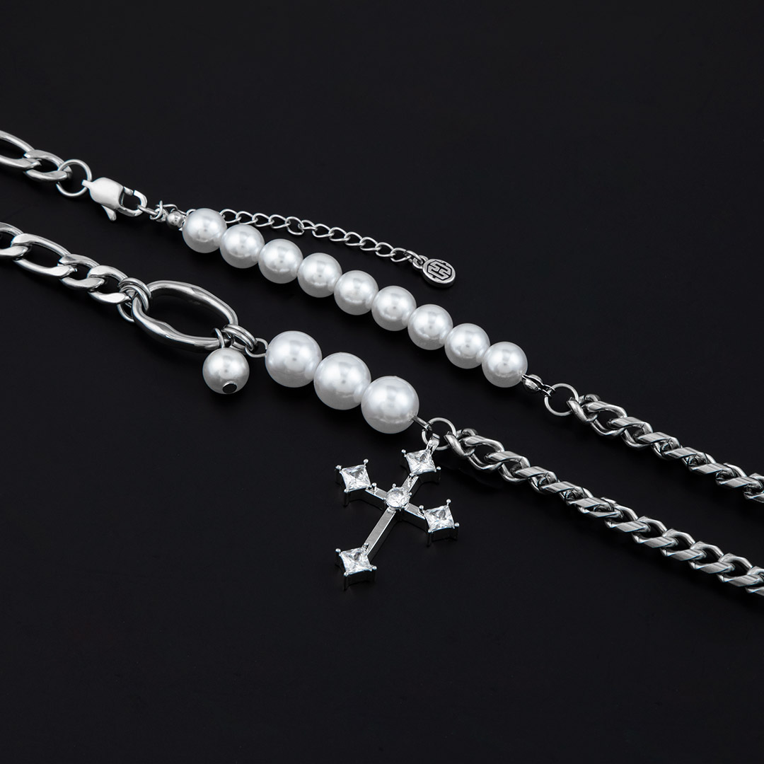Iced Cross Pearl and Steel Chain Necklace