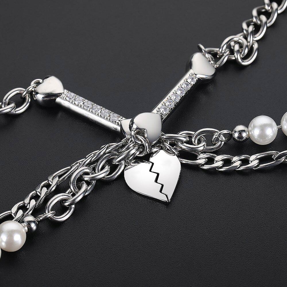 Pearl and Cuban Chain with Half Heart Necklace