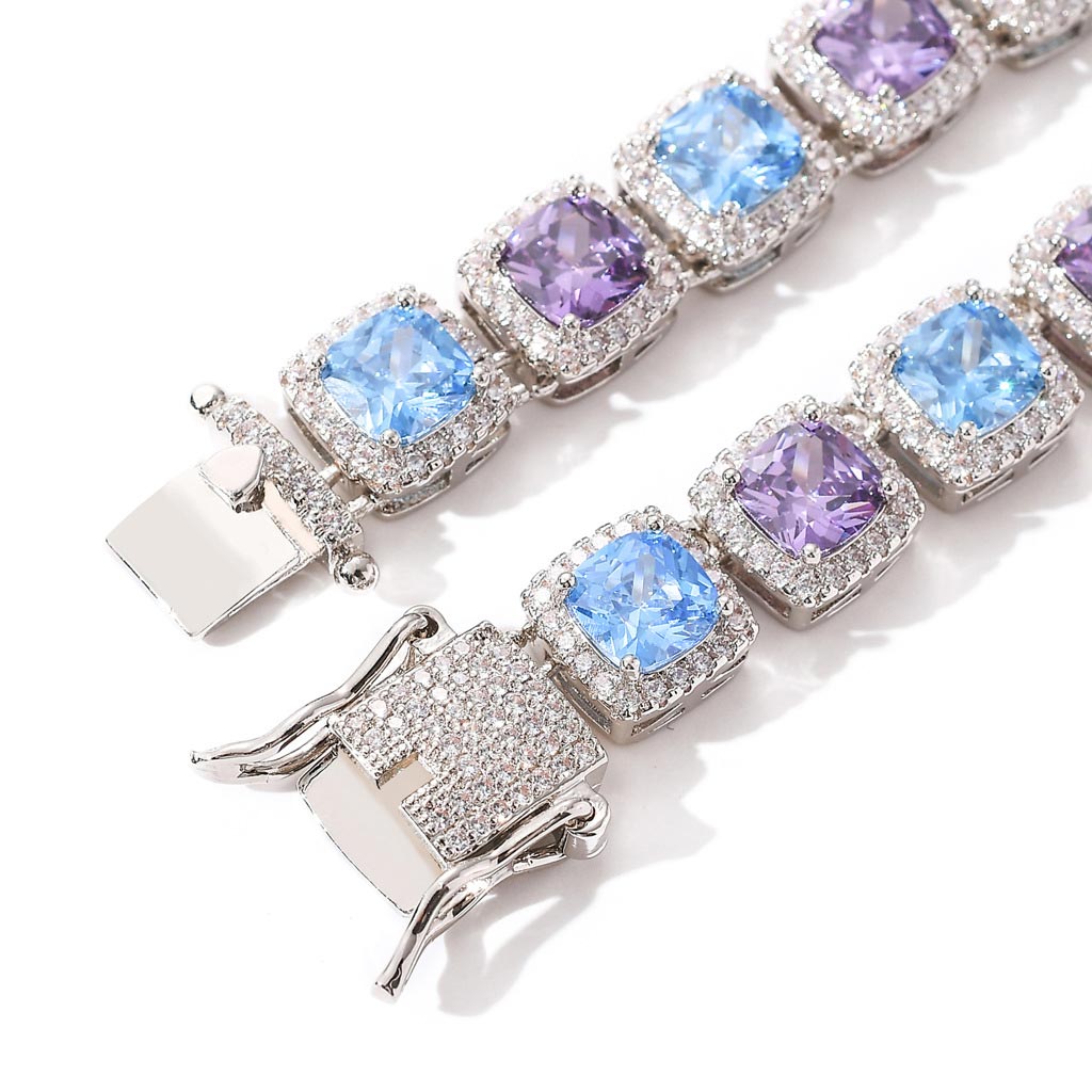 Blue and Purple Stones Clustered Tennis Necklace in White Gold