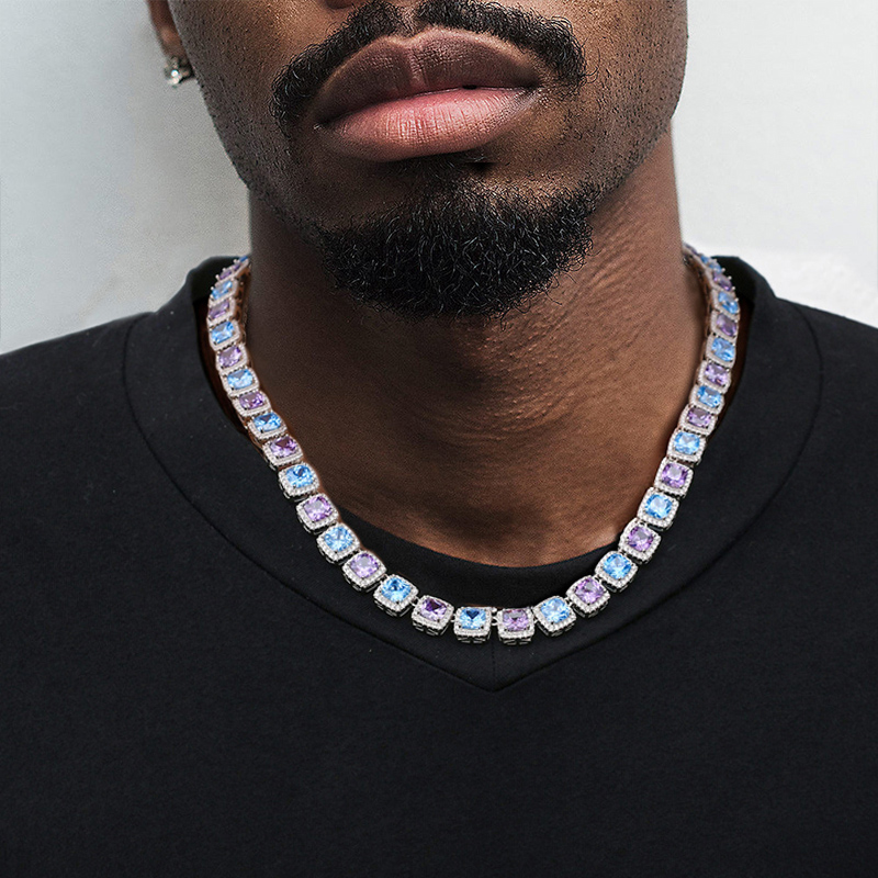 Blue and Purple Handset Stones Clustered Tennis Necklace in White Gold