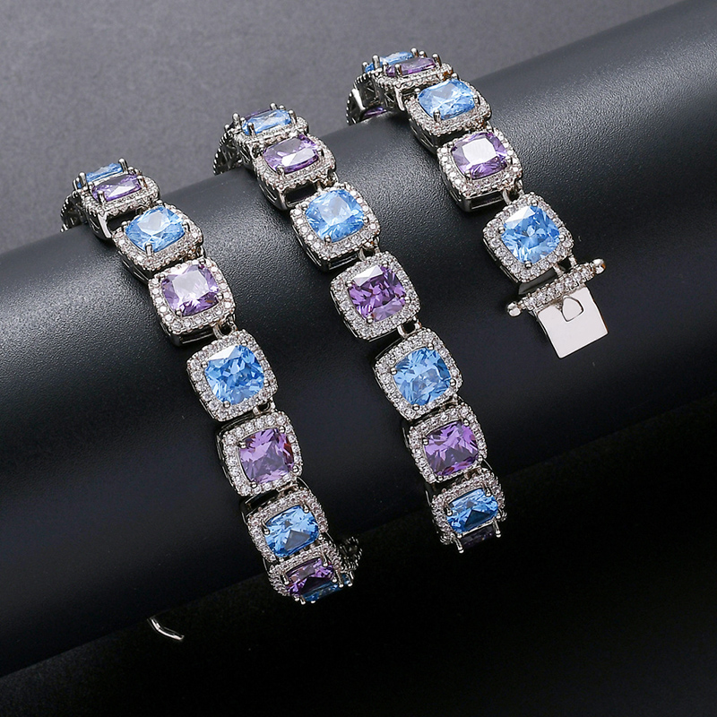 Blue and Purple Handset Stones Clustered Tennis Necklace in White Gold